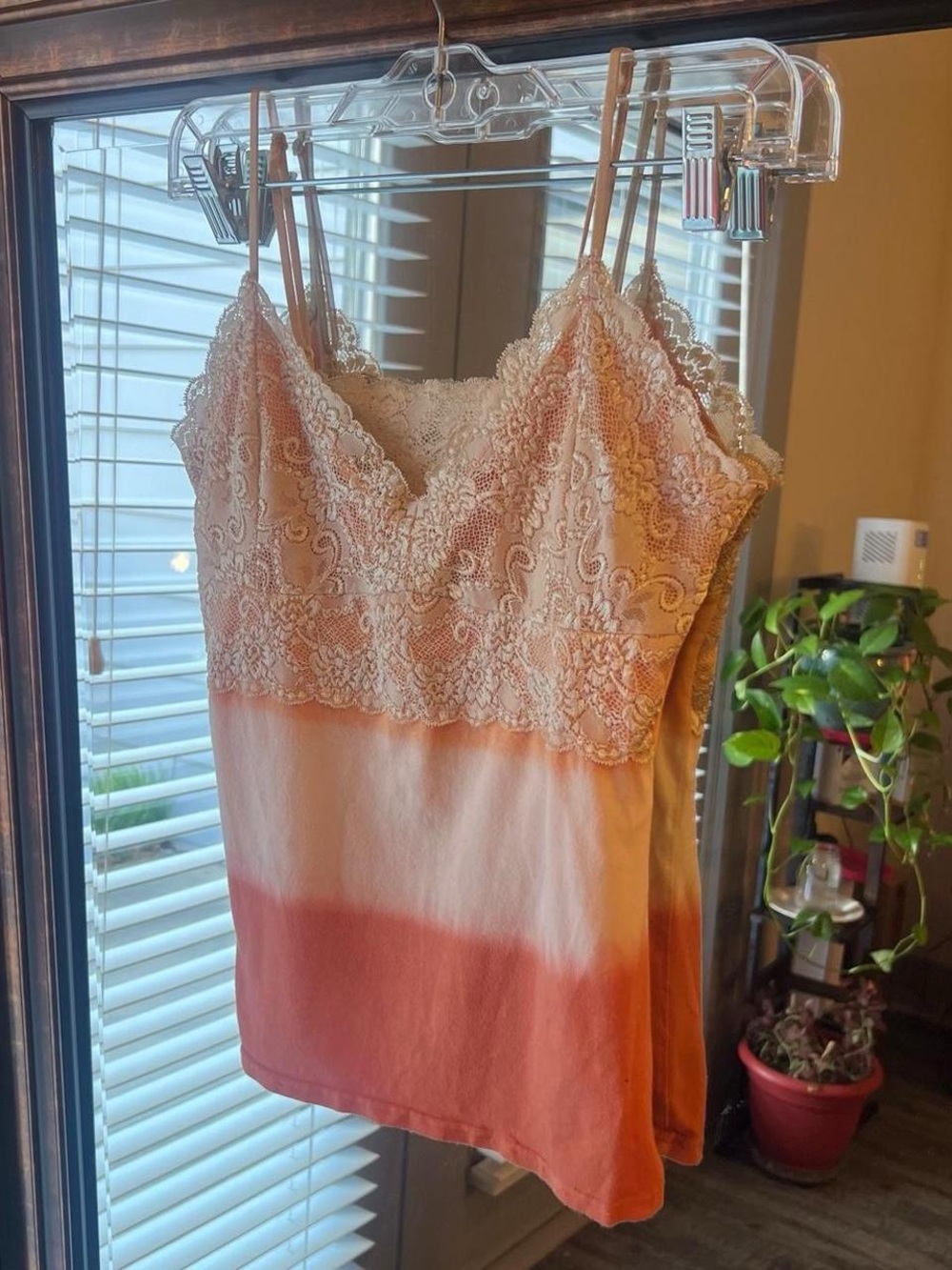 Orange and peach tie-dye cotton blend & tank top with lace trim